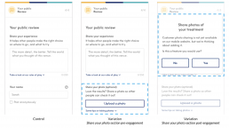 Screen shot showing the design of the experiment variation for users to add photos to reviews.