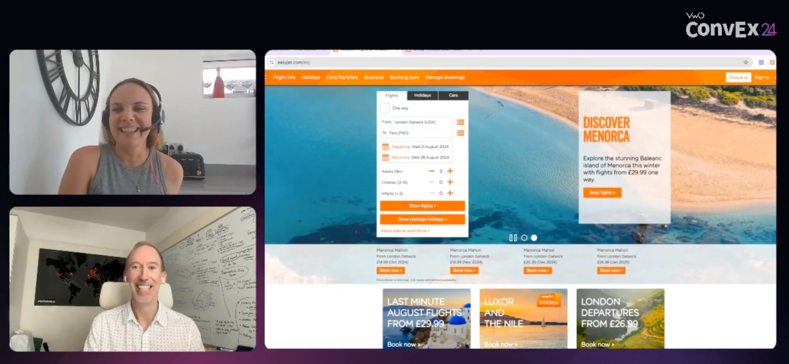 Chris and Vicky presenting at the VWO interview with the easyJet home screen shown next to them.