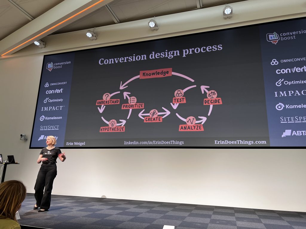 Erin Weigel stands on stage at Cboost, presenting a talk on the conversion design process, with a slide behind her supporting her key points.