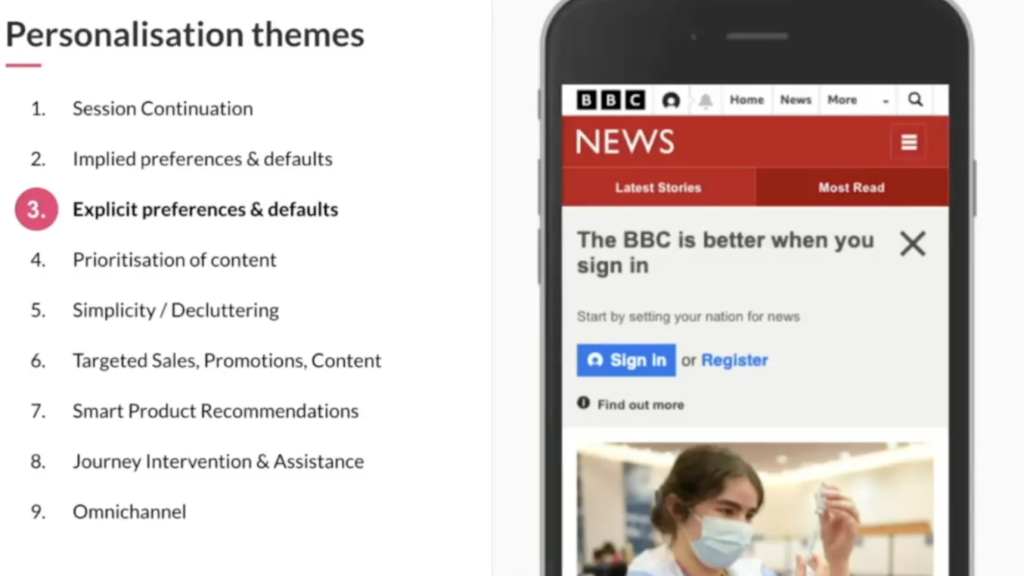 Image of the BBC sign-in page on mobile, highlighting the concept of explicit preferences and defaults. This demonstrates how users can easily select and save their preferences for a more personalized experience.