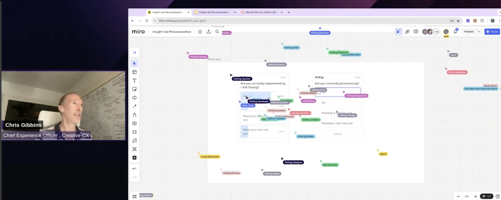 Screenshot of Chris Gibbins presenting during an online workshop, with multiple participant cursors visible on screen.