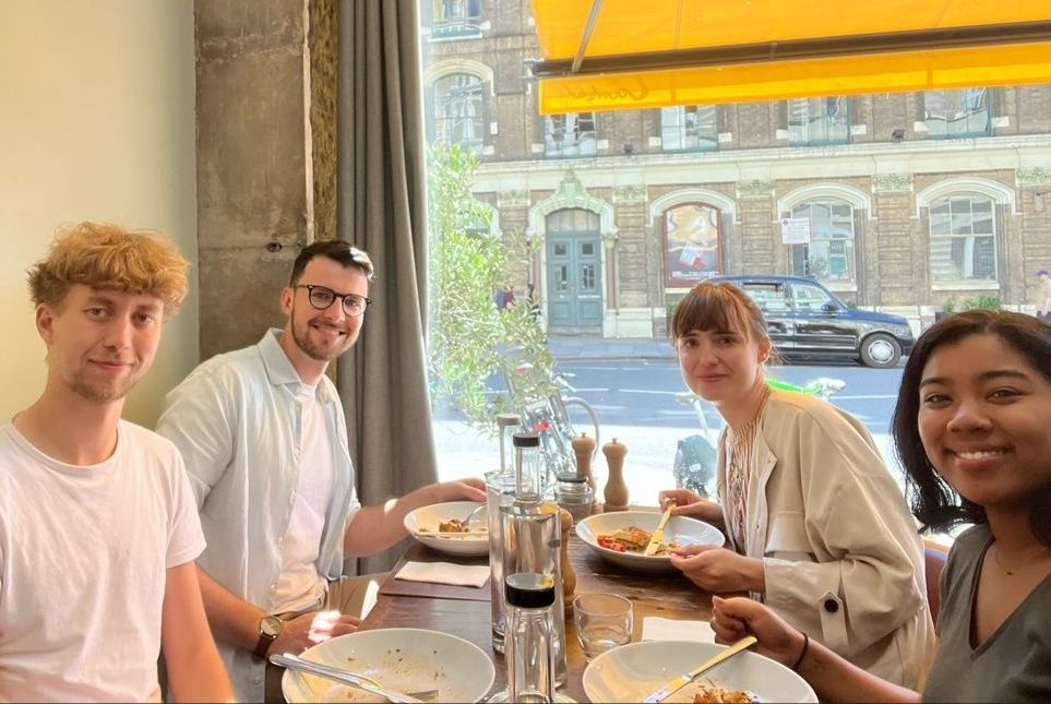 The Creative CX team out for dinner from left to right: Julian Hale, Andrew Lytton, Ari Roca, Mayu Nakamoto.