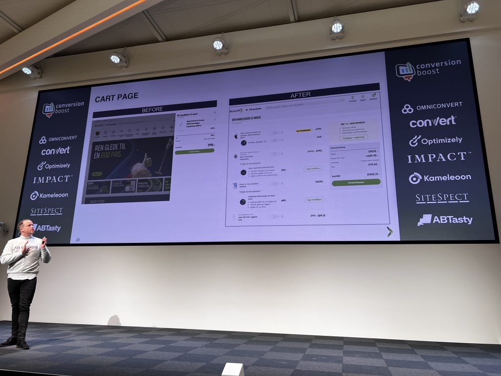 Simon Willer presents on stage at Cboost with a slide showing Elkjøp’s website cart page, as part of a case study on improving the user experience.
