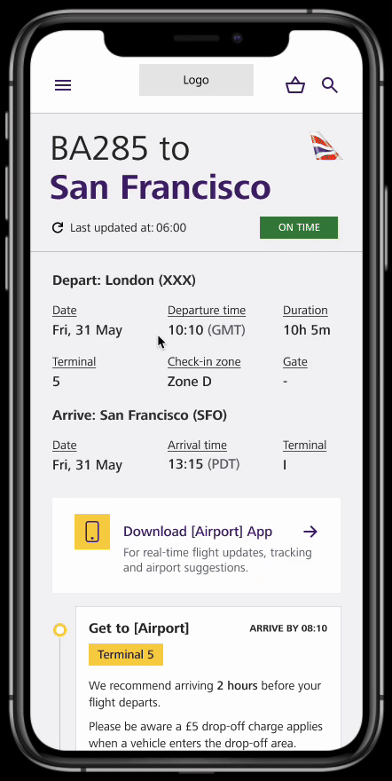 Animated GIF showing a mobile prototype of an airport flight tracking experience. The prototype displays flight details for BA285 to San Francisco, including departure time, terminal, check-in zone, and arrival information. The screen scrolls to show additional features such as a prompt to download the airport app and travel guidance to the terminal. The interface is designed to simulate a real user experience for usability testing purposes.