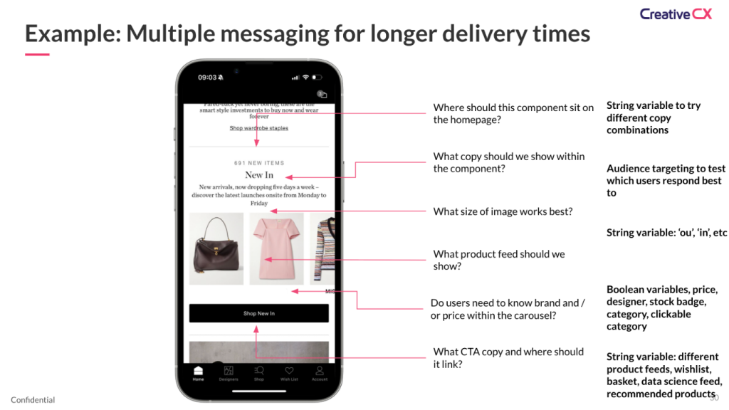 Annotated mobile app screen showing different UI elements—such as headline copy, product images, and call-to-action buttons—highlighted with labels explaining how each can be varied for A/B testing using feature variables.