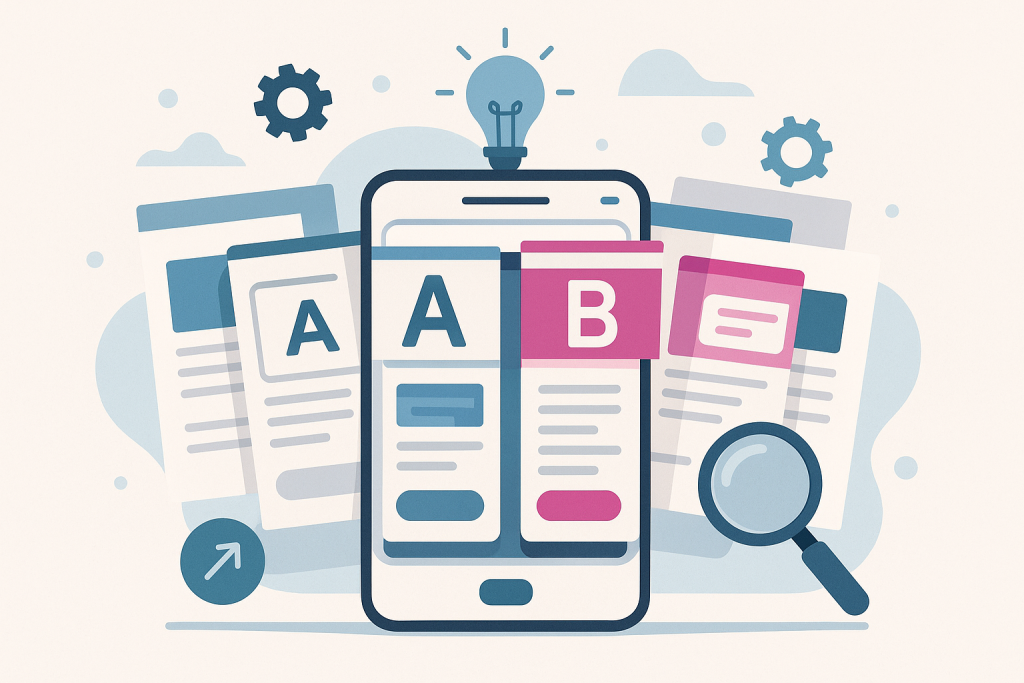 An illustration showing a smartphone screen with two side-by-side app or webpage designs labeled 'A' and 'B' to represent A/B testing. Surrounding the phone are multiple floating document-like panels, gears, a magnifying glass, and a light bulb symbolising ideas, analysis, and optimisation.