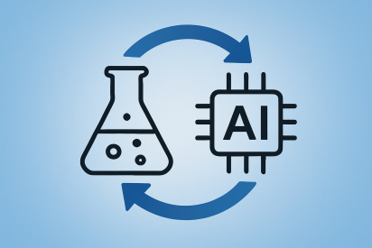 Illustration showing a lab flask and an AI chip connected by circular arrows, symbolising the interaction between experimentation and artificial intelligence
