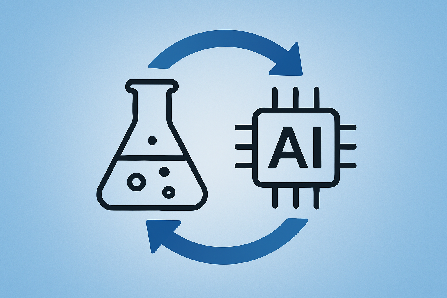 Illustration showing a lab flask and an AI chip connected by circular arrows, symbolising the interaction between experimentation and artificial intelligence