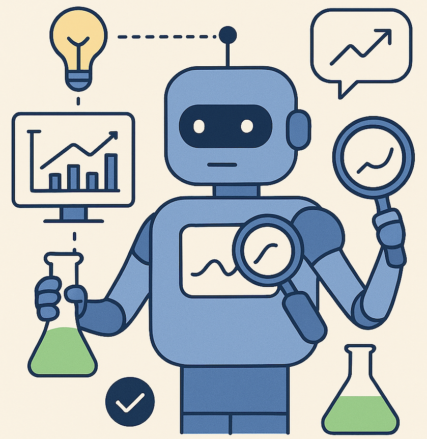 Illustration of a blue robot holding a magnifying glass and a green laboratory flask, surrounded by icons of charts, graphs, and lightbulbs. The design conveys the idea of AI and experimentation working together to generate insights, speed up processes, and improve decision-making.