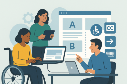 Illustration of three people working together on website designs, including a woman in a wheelchair using a laptop, a woman holding a tablet, and a man pointing at a screen showing A/B test layouts with accessibility icons like captions, keyboard, and wheelchair access.