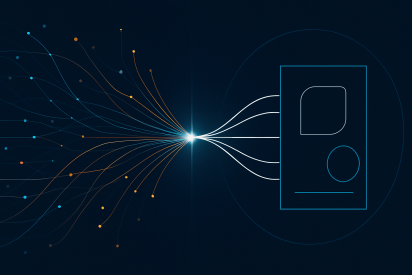 Abstract illustration showing multiple data streams converging into a single product interface, symbolising the triangulation of behavioural and qualitative insights to understand customer problems.