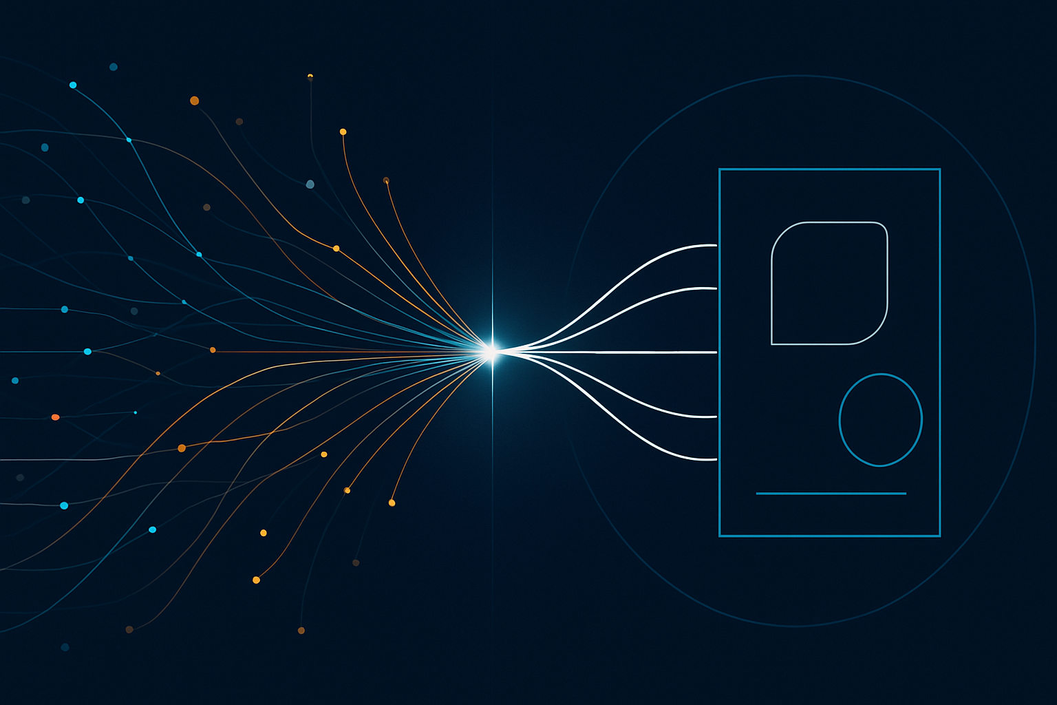 Abstract illustration showing multiple data streams converging into a single product interface, symbolising the triangulation of behavioural and qualitative insights to understand customer problems.