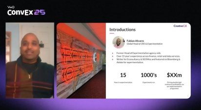 Conference slide from ConvEx 25 showing Fabian's speaker introduction. On the left is a video feed of Fabian Alvares. On the right is a slide titled ‘Introductions’ listing Fabian Alvares, Global Head of CRO & Experimentation, with experience highlights and metrics including 15 years in experimentation, thousands of experiments run, and multi-million-dollar value driven through experimentation