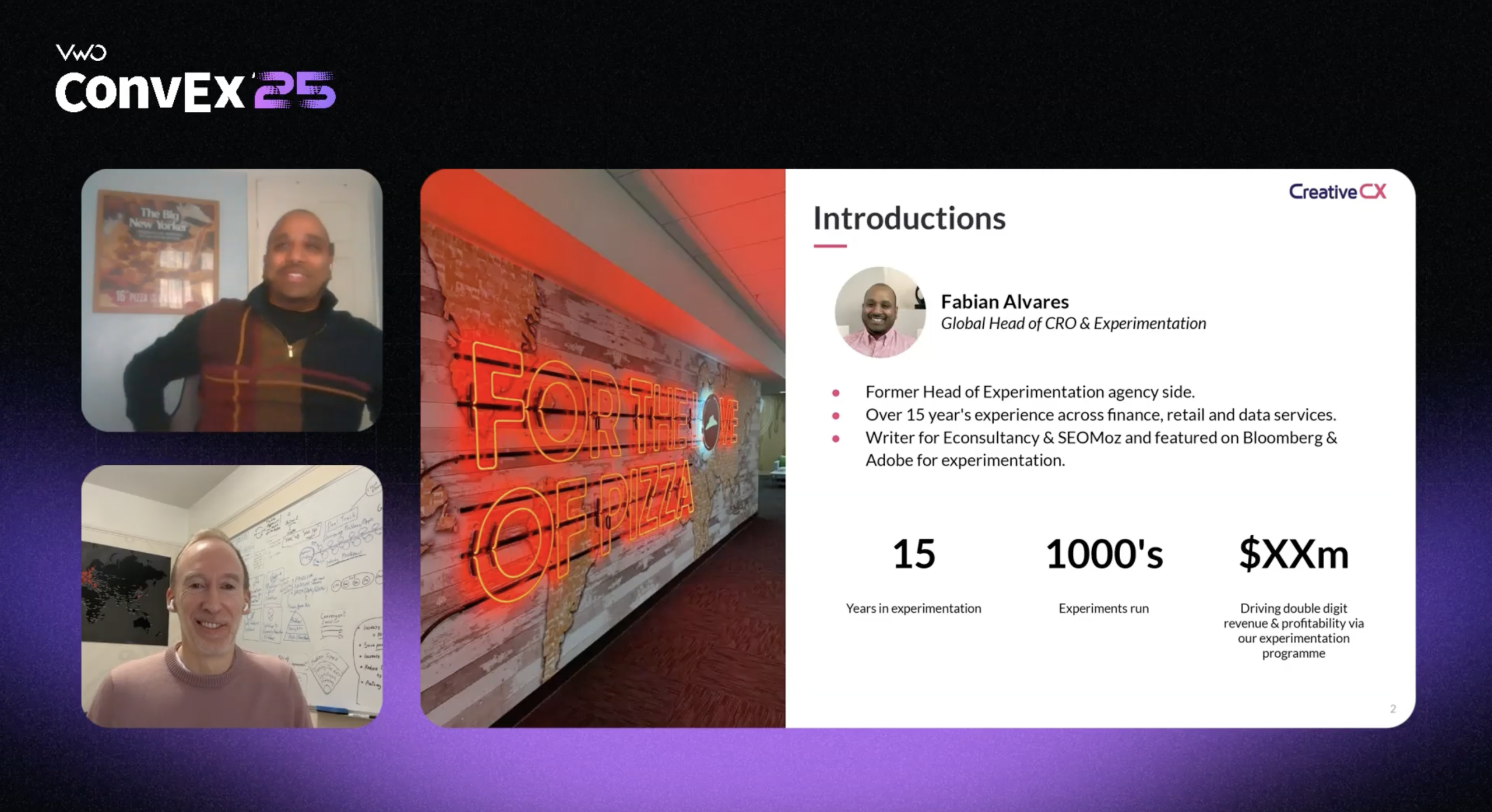VWO ConvEx 25 session slide showing Chris Gibbins and Fabian Alvares discussing experimentation at Pizza Hut, with speaker credentials and performance highlights.