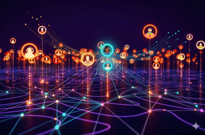 An abstract digital illustration of a social or consumer network. The bottom half of the image features a glowing grid of interconnected purple and blue neon lines. Rising from this network are vertical light beams topped with circular orange and yellow profile icons of diverse people. In the centre of the frame, two teal-coloured profile icons are brightly illuminated and surrounded by a swirling energy effect, emphasising a personalised or targeted connection among many others in a wide, dark landscape.
