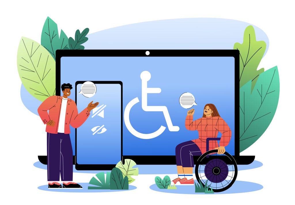 Illustration of digital accessibility: a person using a wheelchair sits beside a large laptop displaying a wheelchair accessibility symbol, while another person stands next to a smartphone showing accessibility icons. Both are engaged in conversation, suggesting inclusive communication and accessible technology. Plants and soft colours form a friendly, modern background