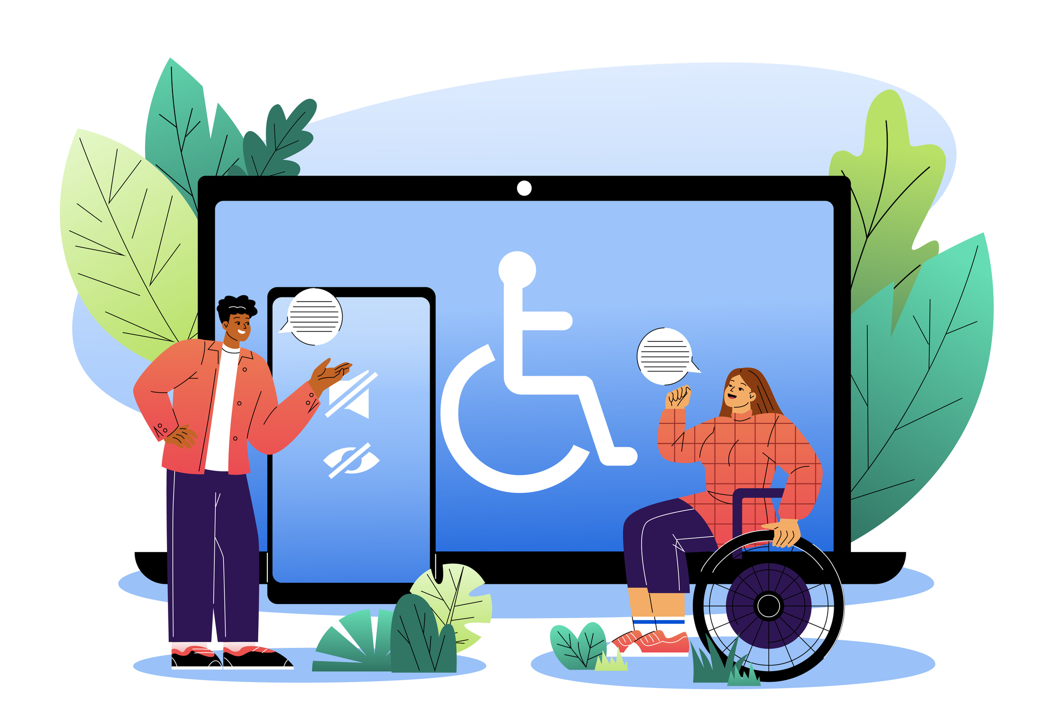 Illustration of digital accessibility: a person using a wheelchair sits beside a large laptop displaying a wheelchair accessibility symbol, while another person stands next to a smartphone showing accessibility icons. Both are engaged in conversation, suggesting inclusive communication and accessible technology. Plants and soft colours form a friendly, modern background