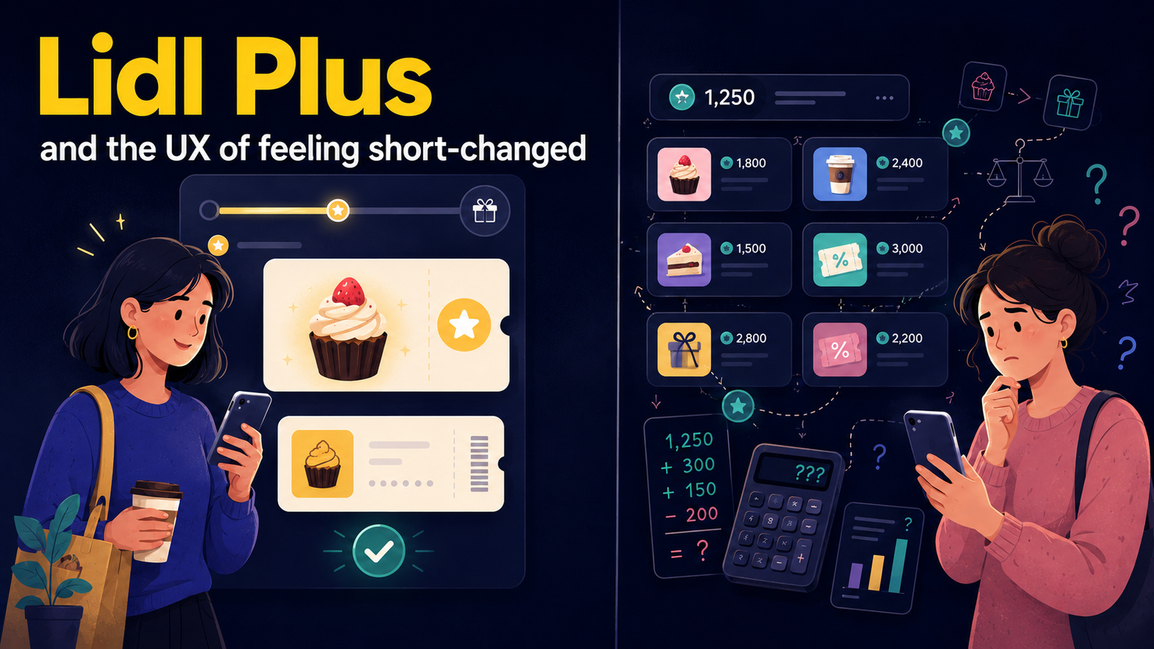 Illustration comparing the old and new Lidl Plus loyalty schemes. On the left, a shopper easily redeems a simple reward, while on the right another shopper appears confused as they calculate points values and compare multiple redemption options.