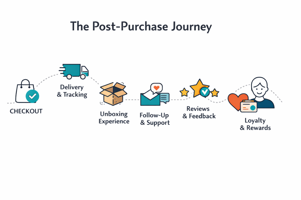Illustration of the post-purchase customer journey, showing six stages: checkout, delivery and tracking, unboxing experience, follow-up and support, reviews and feedback, and loyalty and rewards.