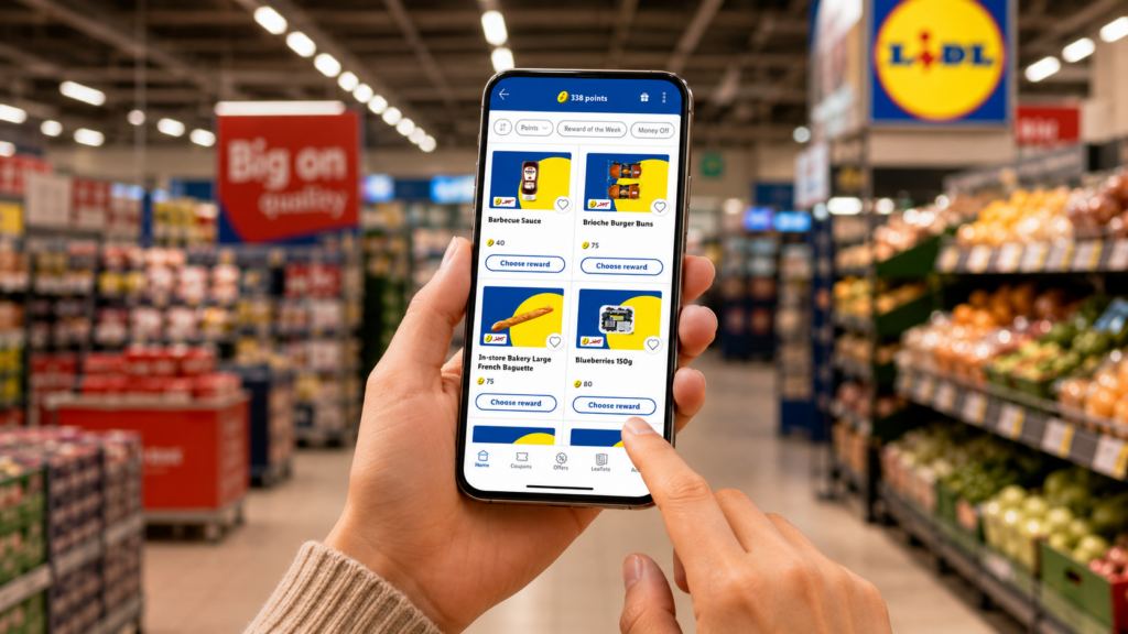 A hand holding up the Lidl loyalty app interface in a supermarket.