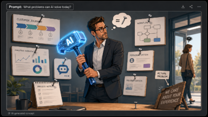 Concept illustration displayed within a mock AI image-generation interface with the prompt, "What problems can AI solve today?". The illustration shows a business professional holding a glowing AI hammer while surrounded by customer journey maps, workflow diagrams and analytics dashboards. A sign labelled "Actual Problem" points away from the AI tools, reinforcing the message that organisations should understand the problem before adopting AI.
