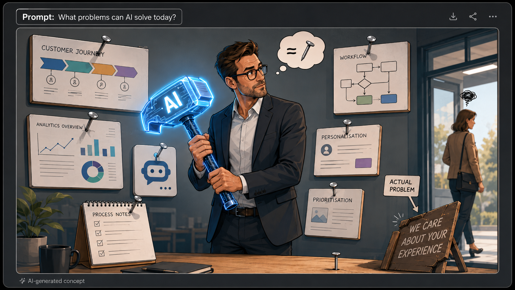 Concept illustration displayed within a mock AI image-generation interface with the prompt, "What problems can AI solve today?". The illustration shows a business professional holding a glowing AI hammer while surrounded by customer journey maps, workflow diagrams and analytics dashboards. A sign labelled "Actual Problem" points away from the AI tools, reinforcing the message that organisations should understand the problem before adopting AI.