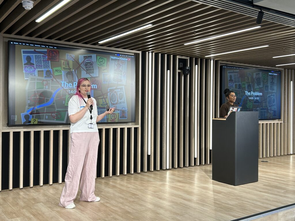 The Creative CX team introduces the customer challenge at the start of the Experimentation Day with Heathrow, presenting the problem using customer research and behavioural insights.