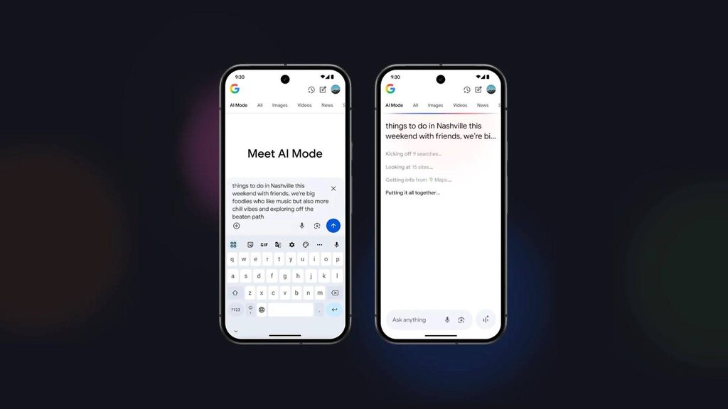 Two smartphone screens showing Google's AI Mode: the left screen shows a natural-language query typed into the search box ("things to do in Nashville this weekend with friends, we're big foodies who like music but also more chill vibes and exploring off the beaten path"); the right screen shows AI Mode processing that same query, with status updates reading "Kicking off 9 searches...", "Looking at 15 sites...", "Getting info from Maps...", and "Putting it all together...".